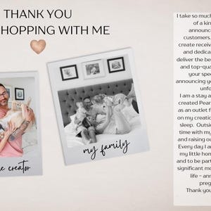 May include: A thank you message for customers, with a photo of a couple holding a dog and a photo of a family in bed. The text reads "Thank you for shopping with me." and includes a message about the creator's business and family.