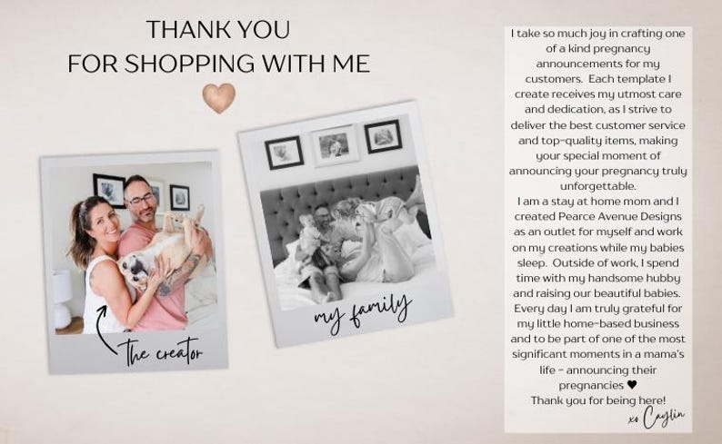 May include: A thank you message for customers, with a photo of a couple holding a dog and a photo of a family in bed. The text reads "Thank you for shopping with me." and includes a message about the creator's business and family.
