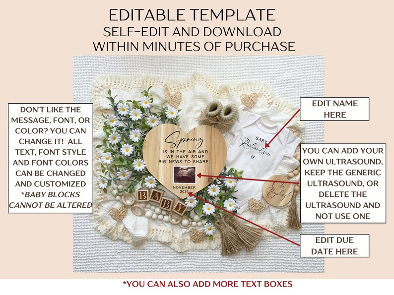May include: A digital template for a baby announcement featuring a wooden heart with the text "Spring is in the air and we have some big news to share" and a baby ultrasound image. The template also includes a baby onesie, wooden blocks spelling "baby", and a bouquet of white daisies.