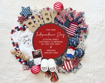 May include: A red and white Independence Day themed baby announcement with a round sign that reads "This year Independence Day is extra sweet our family is growing by two tiny feet! Arriving January 2025". The sign is surrounded by red, white, and blue decorations, including stars, ribbons, and a baby onesie.