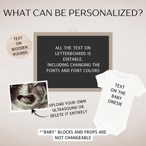 May include: A digital image of a baby's ultrasound, a white onesie with the text "Text on the baby onesie", a chalkboard with the text "All the text on letterboards is editable. Including changing the fonts and font colors. Upload your own ultrasound or delete it entirely. *"Baby" blocks and props are not changeable." and a wooden round with the text "Text on wooden rounds".