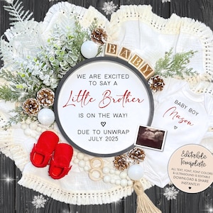 Christmas Baby Boy Announcement Digital, Little Brother Christmas Pregnancy Announcement, Editable December Social Media Reveal, It&#39;s a Boy