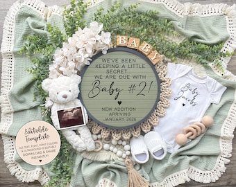 Second Baby Announcement, Digital Pregnancy Announcement, Gender Neutral, Editable Pregnancy Template, Social Media Reveal, Baby Number 2