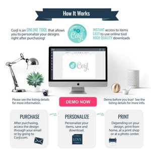 May include: A graphic showing how to use Corjl, an online tool to personalize designs. The graphic shows a computer screen with the Corjl logo, a purchase button, a personalize button, and a print button. The graphic also includes text explaining the steps involved in using Corjl.