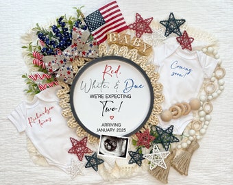 Twins 4th of July Pregnancy Announcement, Digital Patriotic Baby Announcement, Editable Pregnancy Template, Summer Reveal Announcement Ideas