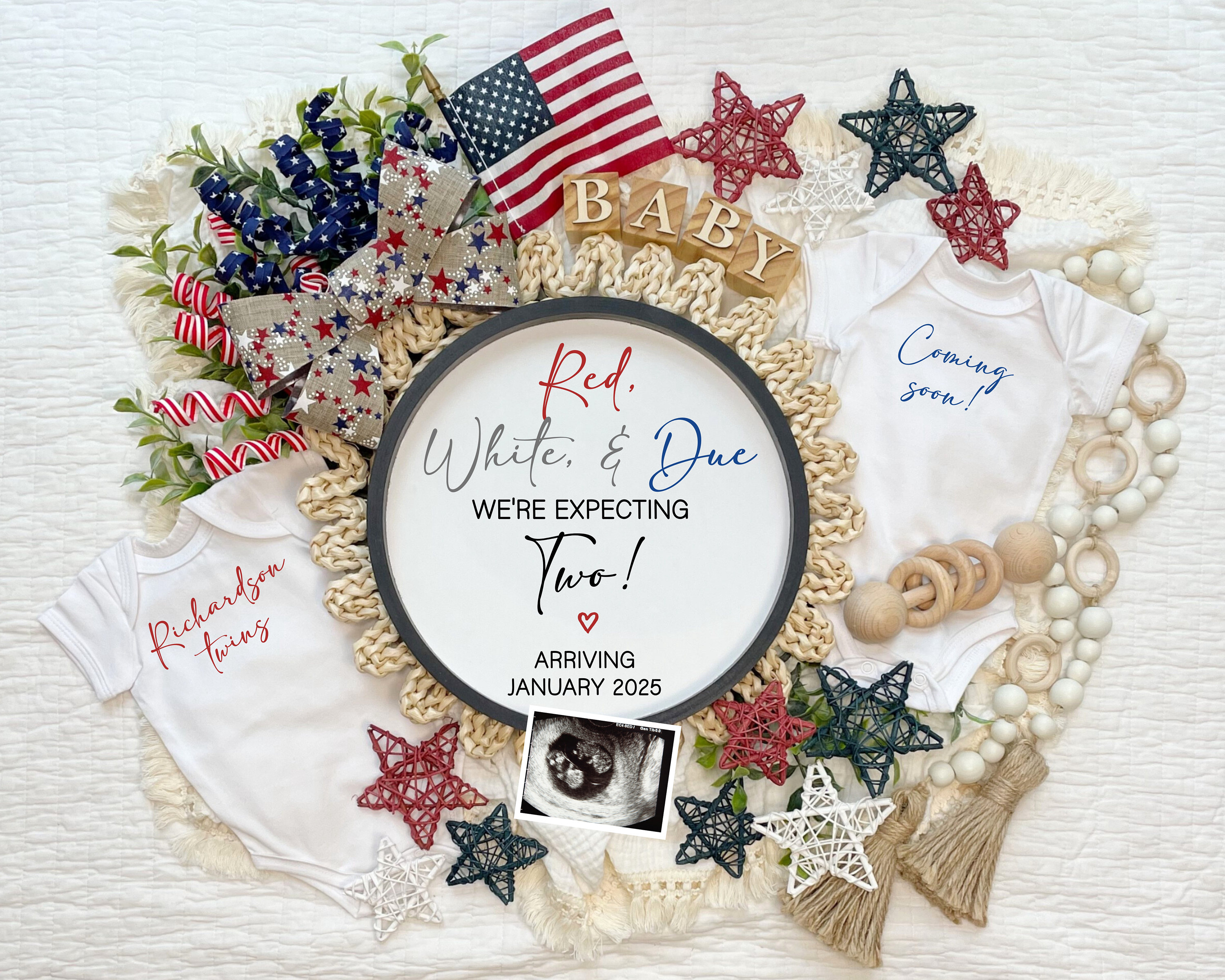 Twins 4th of July Pregnancy Announcement, Digital Patriotic Baby Announcement, Editable Pregnancy Template, Summer Reveal Announcement Ideas