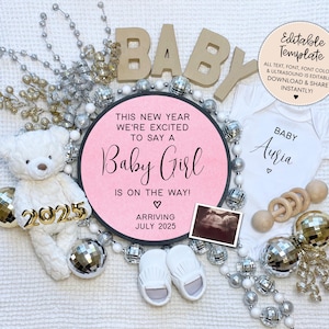New Year Girl Pregnancy Announcement Digital, Little Sister New Years Eve Baby Announcement, Editable January Social Media Reveal Its a Girl