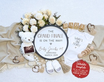 May include: A black and white sign with the text "The Grand Finale is on the way!" with a heart symbol and "Baby Jacobs #4 Arriving March 2025". A white onesie with the text "What's One More?" and a heart symbol. A white teddy bear holding a sonogram image. A wooden rattle and a set of wooden blocks spelling "BABY".