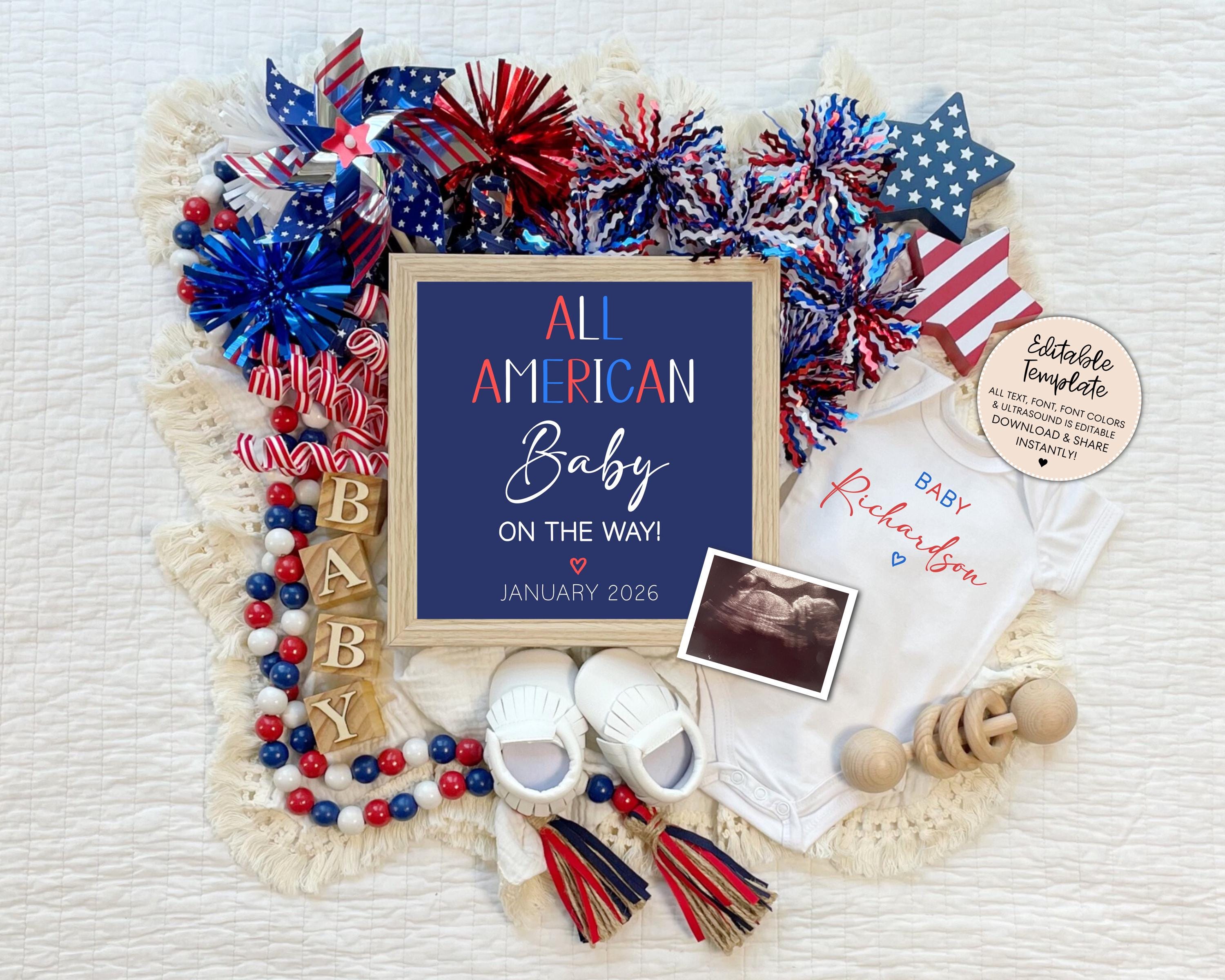 4th Of July Pregnancy Announcement Digital, Patriotic Baby Announcement, Editable Pregnancy Template, Summer Baby Reveal For Social Media