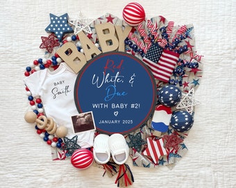 4th of July Second Pregnancy Announcement, Baby Number 2 Patriotic Announcement, Editable Pregnancy Template, Social Media Baby Reveal