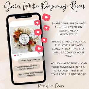 K&ouml;nnte beinhalten: Ein Smartphone-Bildschirm zeigt einen Social-Media-Beitrag, der eine Schwangerschaft ank&uuml;ndigt. Der Beitrag zeigt einen Blumenstrau&szlig; mit einem Schild, auf dem "Get Ready to Fall in Love" steht. Der Beitrag wird von mehreren Herz-Emojis und Gl&uuml;ckwunschnachrichten begleitet.