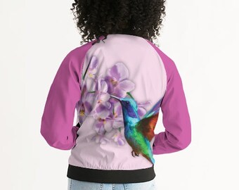 Women's Bomber Jacket hummingbird and orchids