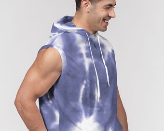 Men's Indigo Tie-Dye Sleeveless Hoodie, Heavyweight French Terry