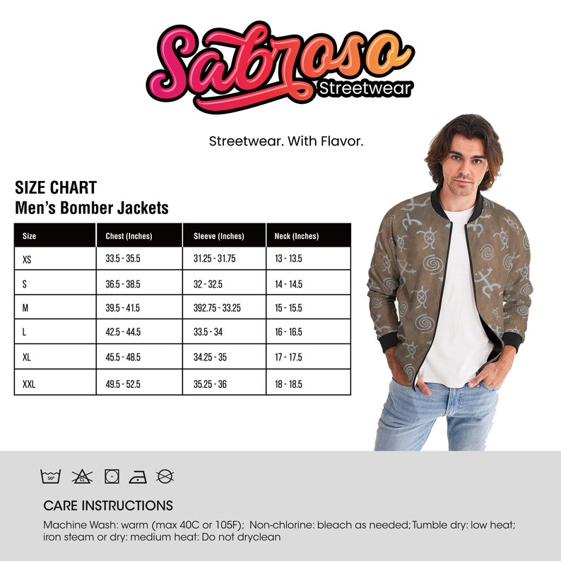 May include: Size chart for men's bomber jackets with measurements in inches for chest, sleeve, and neck sizes. The chart includes sizes XS through XXL. Care instructions are listed below the chart. The text reads: "Machine Wash: warm (max 40C or 105F); Non-chlorine: bleach as needed; Tumble dry: low heat; iron steam or dry: medium heat: Do not dryclean"