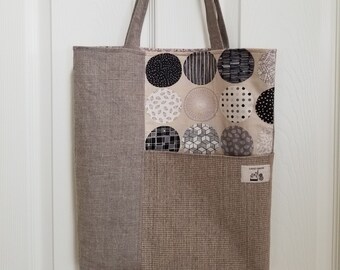 Linen Tote Bag with Circle Pattern / Shoulder Bag / Gift for Her / Eco Bag