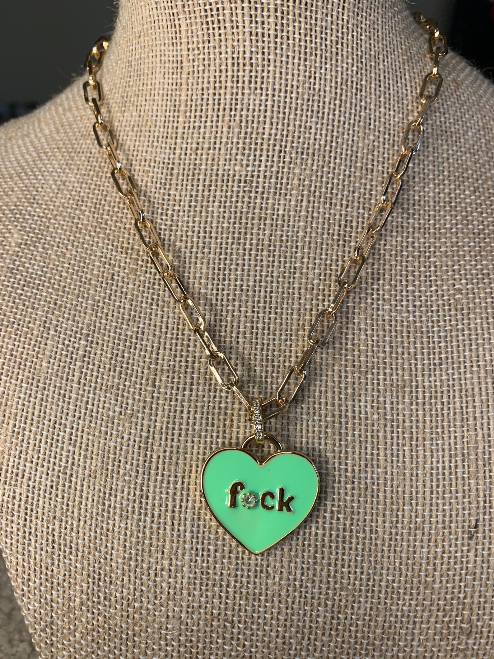 Green Enamel Heart Necklace Fuck Necklace Gold Chain Etsy
