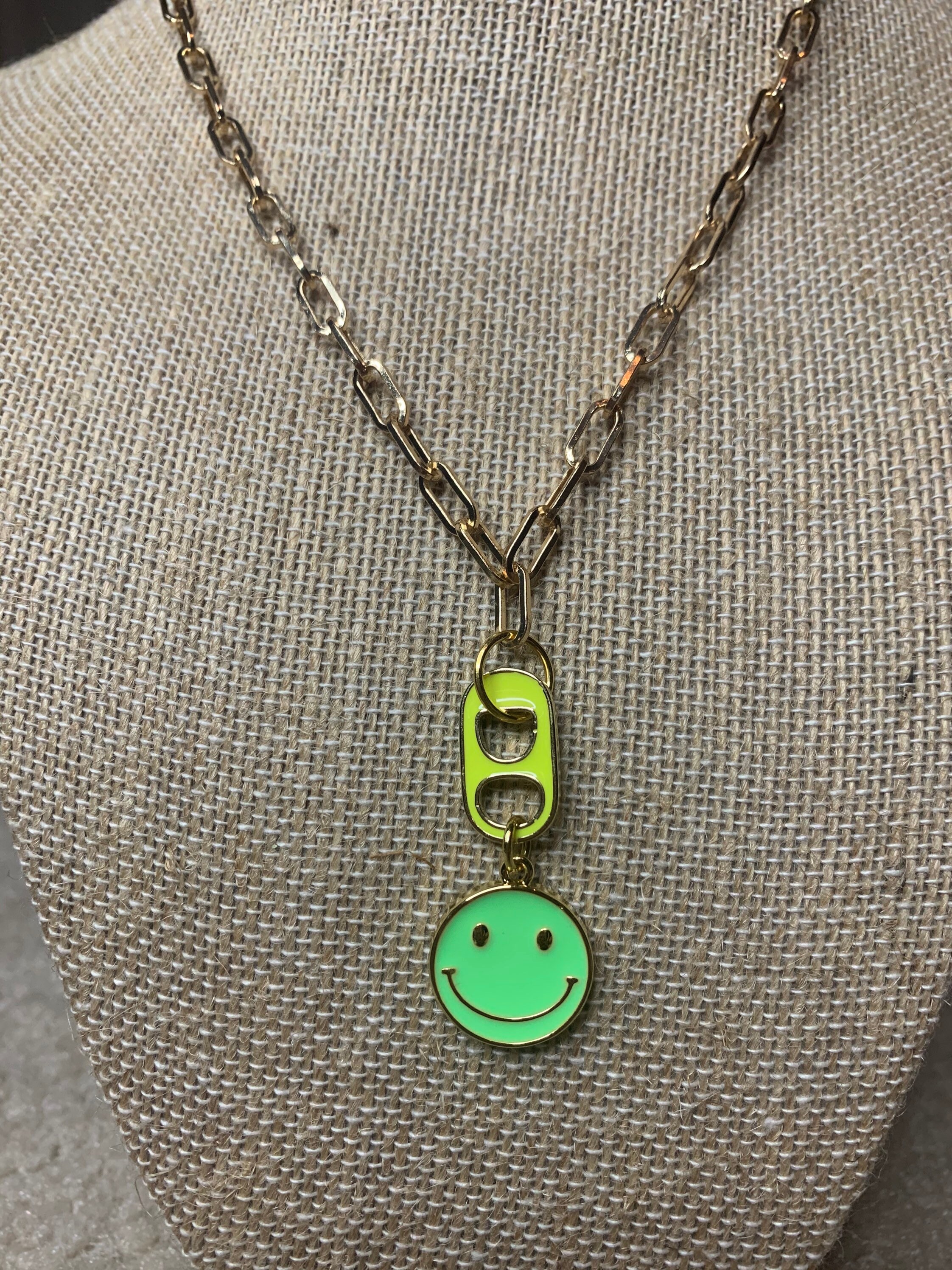 Green Smiley Face Necklace Yellow Soda Tab Charm Necklace Etsy