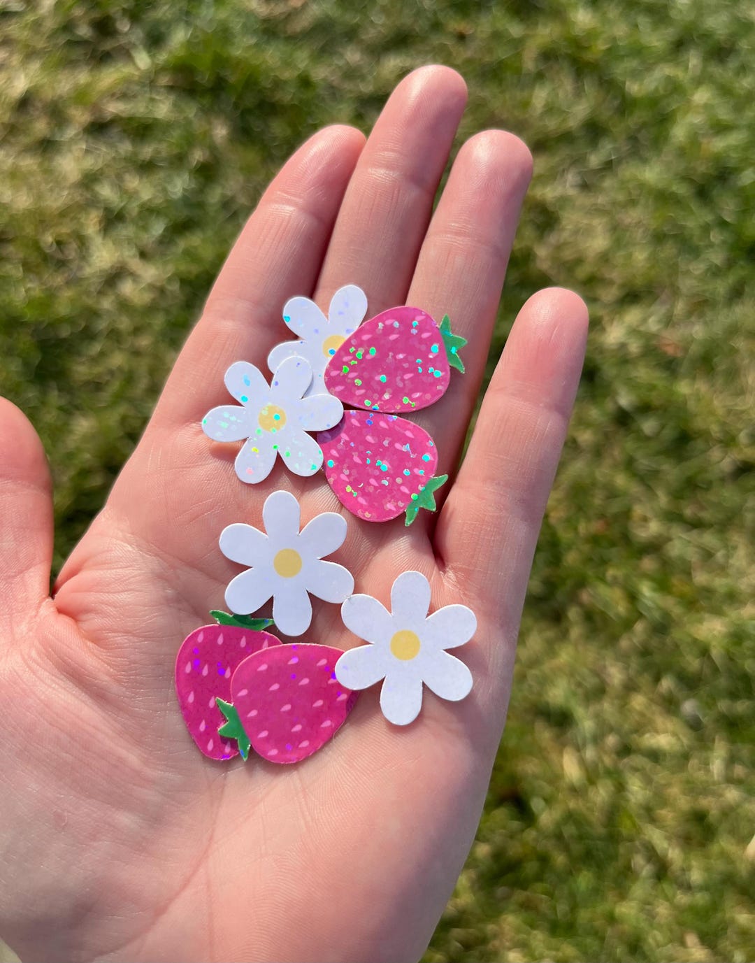 Pink Daisy Sticker Mini Pink Strawberry and Daisy Sticker Set Holographic - Etsy