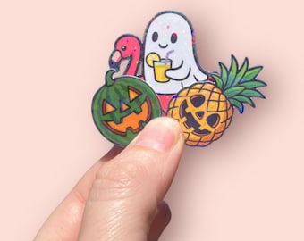 Mini Summerween Stickers, Ghost With Pink Pool Floaty, Pineapple Jack-O-Lantern, Watermelon Jack-O-lantern