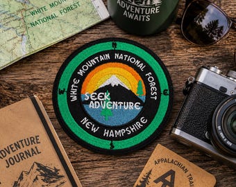 Patch bordado da Floresta Nacional das Montanhas Brancas, aplique termocolante/costurável para roupas e mochilas, lembrança de trilhas em New Hampshire/patch de bússola.