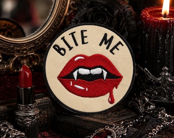 Bite Me Patch/Iron-on Patch/Fanged Lips/Kids Halloween Patches/Scary & Spooky/Vampire/Horror/Sew-on Applique for Clothing Costume