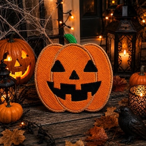 May include: An embroidered pumpkin patch featuring a bright orange pumpkin with a green stem and a black jack-o'-lantern face. The design has a textured, stitched appearance with a defined border, showcasing a classic carved pumpkin expression.