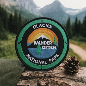 Parche del Parque Nacional Glaciar/Parche termoadhesivo/Dirección de la brújula/Recuerdo de senderismo/Paseo frecuente/Aplique bordado para coser en ropa y mochila