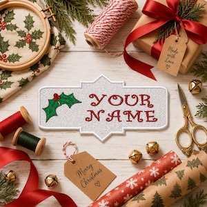 Personalized Christmas Name Tag Patch Embroidered Iron On/Sew On Applique for Stockings Clothing and Crafts, Custom Gift Tag, Holly Berries