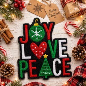 Joy Love Peace Patch/Christmas Patches/Iron-On Patch/Embroidered Sew On Applique for Stockings, Clothing, Crafts, Ornament Keepsake Gifts