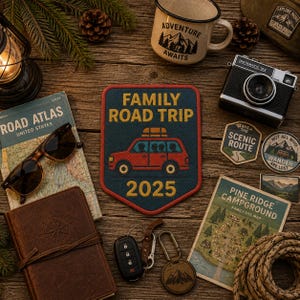 May include: A rectangular embroidered patch with a dark blue background, a red estate car, and yellow text reading FAMILY ROAD TRIP 2025. The patch is surrounded by travel-themed items including a road atlas, sunglasses, a camera, and a mug.