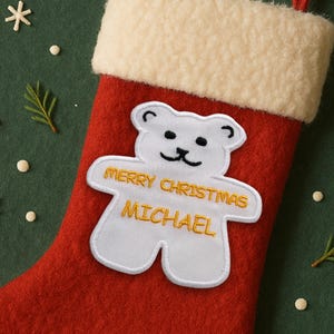 Écusson nominatif brodé à thermocoller/à coudre avec nom ours en peluche pour bas, cadeaux et vêtements, premier Noël de bébé, père Noël