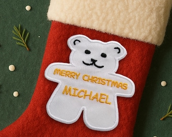 Weihnachten Teddy Bär Name Patch gestickt Aufbügeln / Aufnähen personalisierte Tag für Strümpfe Geschenke und Kleidung, Babys erste Weihnachten, Santa