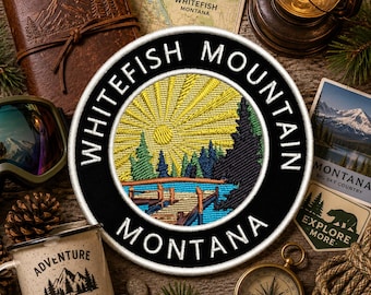 Patch termocolante Whitefish Mountain Montana / Emblema da natureza / Aplicativo bordado para costurar em roupas, coletes, jaquetas e mochilas (ideal para camping e trilhas)