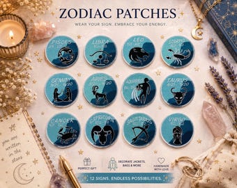 Parche/Parche termoadhesivo con signos del zodiaco y luna y estrellas celestes/Regalo de horóscopo/Aplicación bordada para coser en ropa, chaquetas y mochilas