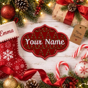 Toppa personalizzata con nome per Natale, ricamata, da applicare con ferro da stiro o cucire, ideale per calze, abbigliamento e lavori artigianali, etichetta regalo personalizzata, albero di Natale.