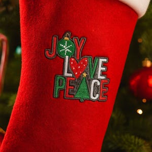 Christmas Patch, Joy Love Peace Iron-On Patch Embroidered Sew On Applique for Stockings Clothing, Crafts, Keepsake, Tree Ornaments, Gifts