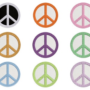 May include: Nine peace sign patches in various colours, including black, orange, pink, gold, purple, green, light blue, and lavender. The patches are all embroidered with a white peace sign.
