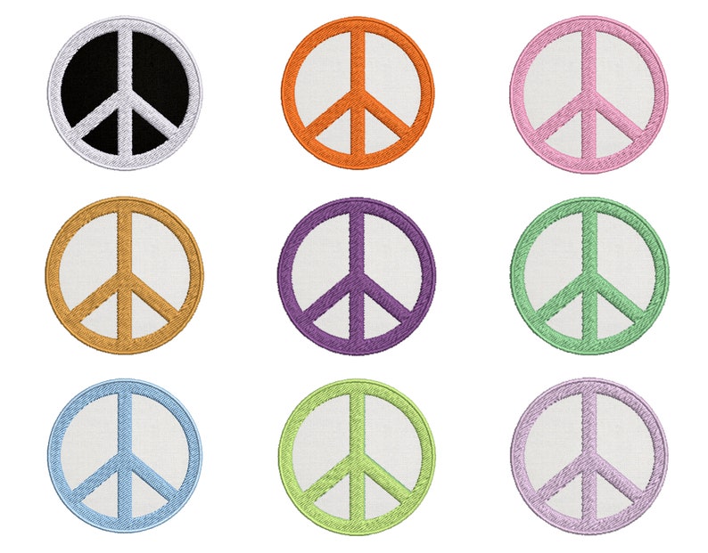 May include: Nine peace sign patches in various colours, including black, orange, pink, gold, purple, green, light blue, and lavender. The patches are all embroidered with a white peace sign.