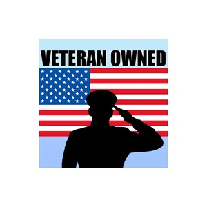 May include: A silhouette of a person saluting in front of an American flag with the text "Veteran Owned" above the flag.