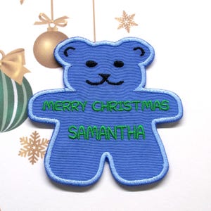Christmas Teddy Bear Name Patch Embroidered Iron-on/Sew-on Personalized Tag for Stockings Gifts and Apparel, Baby’s First Christmas, Santa