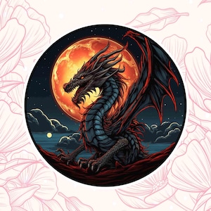 Medieval Dragon Sticker Decal, Car Truck Window Bumper, Die-Cut Vinyl Decal Sticker Laptop Water Bottle, Red Moon, Mythology, Creature
