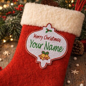 Personalized Christmas Name Tag Patch Embroidered Iron On/Sew On Applique for Stockings Clothing and Crafts, Custom Gift Tag, Bell Ornament