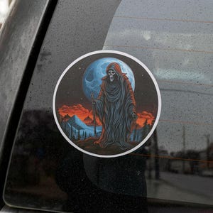 Grim Reaper Sticker Decal, Car Truck Window Bumper, Die-Cut Vinyl Decal Sticker Laptop Water Bottle, Full Moon, Halloween, Scary, Creepy