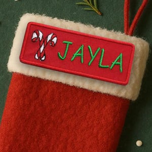 Personalized Christmas Name Tag Patch Embroidered Iron On/Sew On Applique for Stockings Clothing and Crafts, Custom Gift Tag, Candy Canes