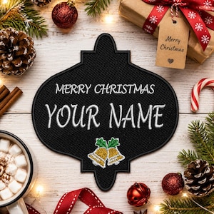 Personalized Christmas Name Tag Patch Embroidered Iron On/Sew On Applique for Stockings Clothing and Crafts, Custom Gift Tag, Bell Ornament