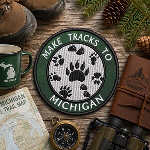 Make Tracks to Michigan Patch Embroidered Iron-on/Sew-on Applique for Clothing Vest Backpack Camping Gear, Travel Souvenir, Bear Claw Nature