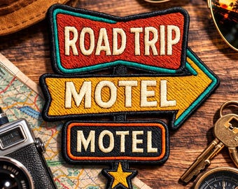 Road Trip Motel Patch/Iron On Patch/Retro Travel/Highway Sign Gift Roadtrippers/Embroidered Sew-On Applique for Clothing Vest Backpack Hats