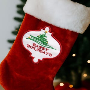 Happy Holidays Christmas Tree Patch Embroidered Iron On/Sew On Applique for Stockings Clothing and Crafts, Santa Claus Holly Cheer Mistletoe