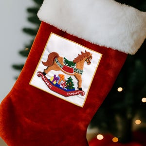 Fancy Rocking Horse Patch Embroidered Iron On/Sew On Applique for Stockings Clothing and Crafts, Christmas Toy, Presents, Festive Keepsake