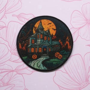 Haunted House Patch Dye-Sublimated Iron-on/Sew-on Applique for Vest Clothing Backpack Halloween Costume, Spooky Mansion Emblem, Ghostly